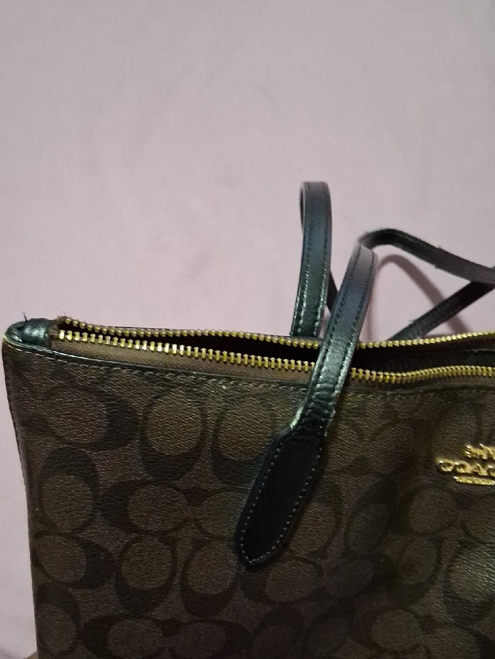 Coach Brown Signature Tote with Dark Green Handles - Picture 6 of 10
